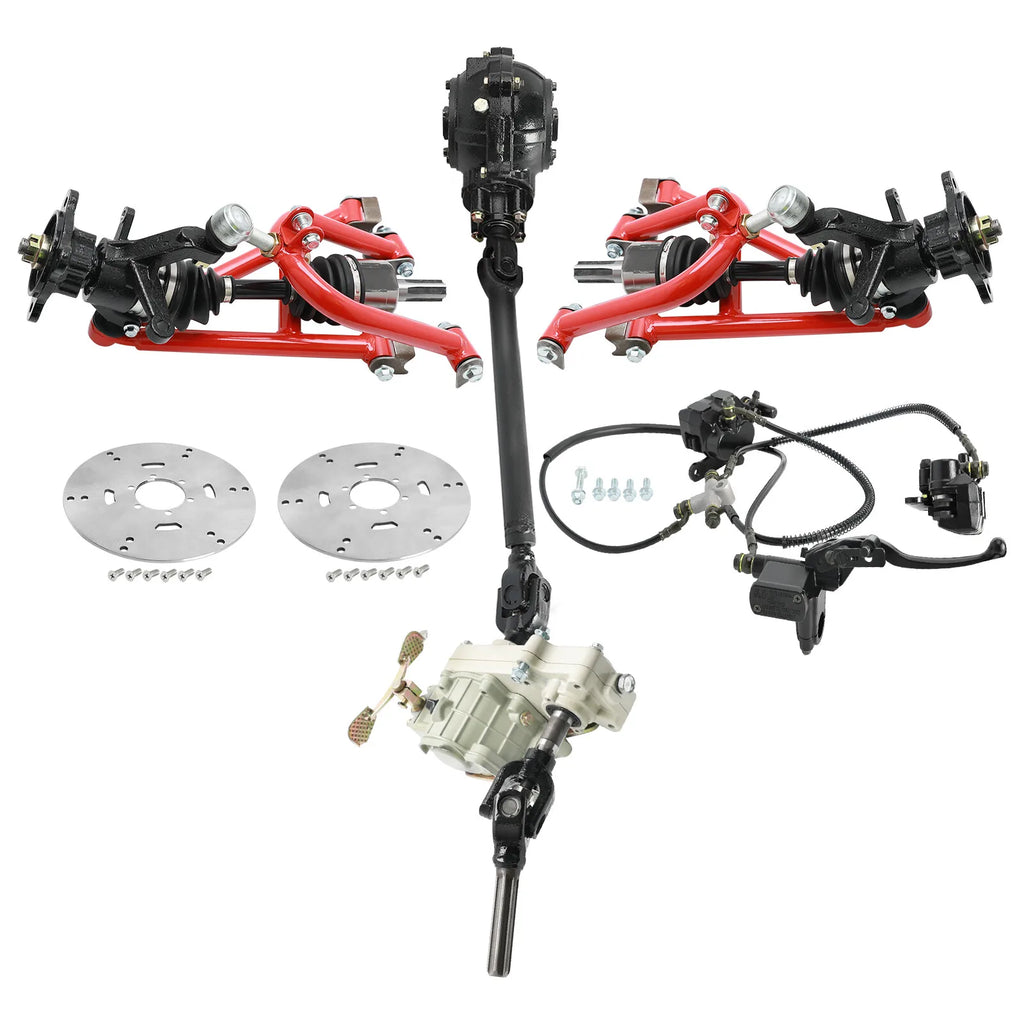 Go Kart Front Rear Drive Shaft CV Axle Kit+Reverse Gear Box+Swing Arm+Steering Wheel Spindle for DIY Quad Buggy Off-Road ATV