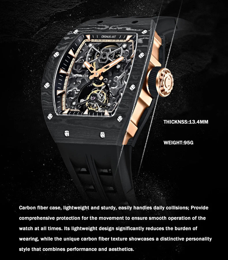 CRONUSART Men Tourbillon Watch 50mm Tonneau Mechanical Wristwatch Carbon Fiber Case & Dial Luminous Sapphire Mirror