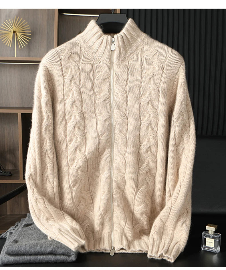 Men's 100% Pure Cashmere Knitting High Neck Cardigan Zipper Thickened Coat Fashion Old Money Style Big Fried Dough Twist Design