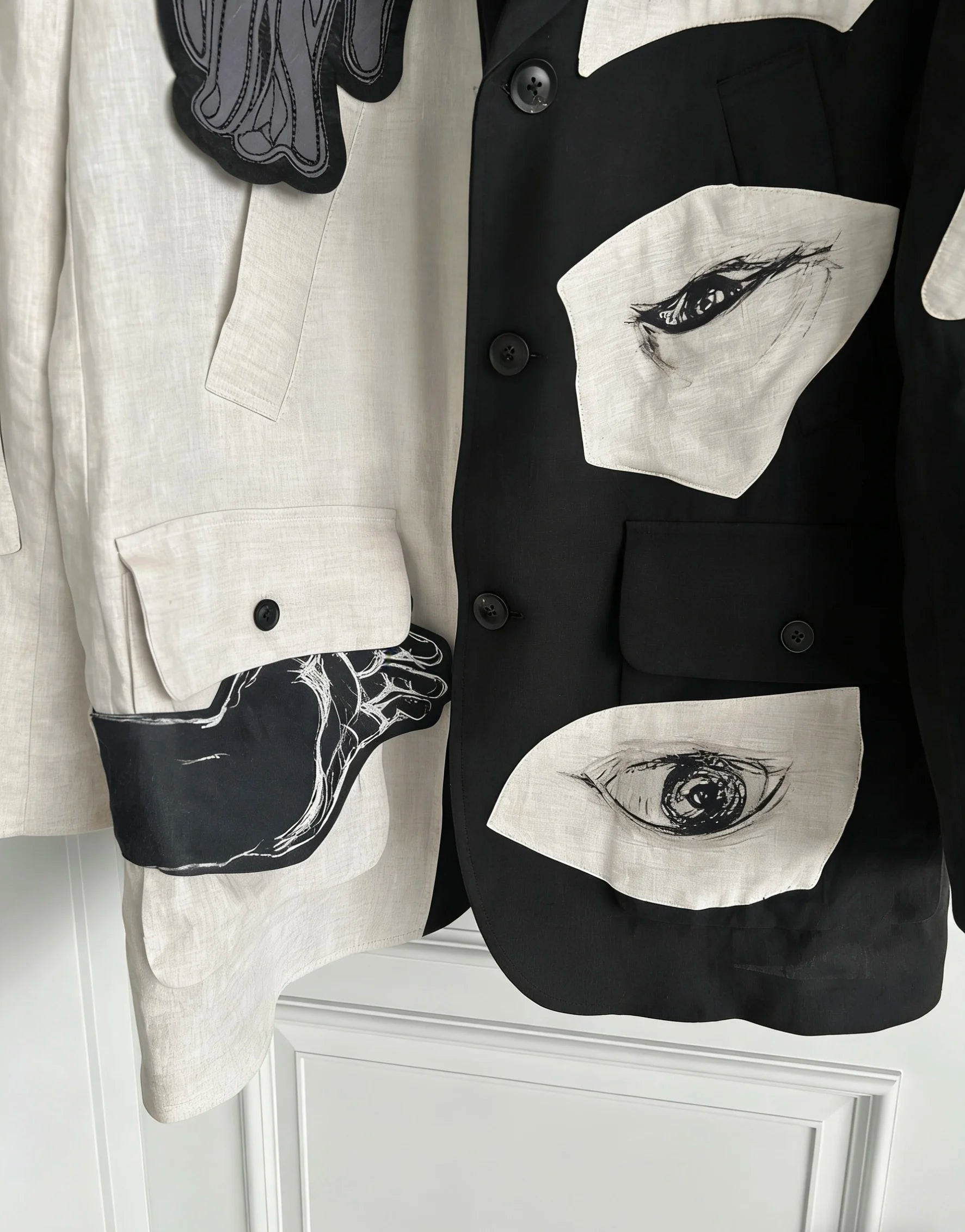 TOP-YAMAMOTO original design eye and hand linen patchwork patch suit Black and white suit