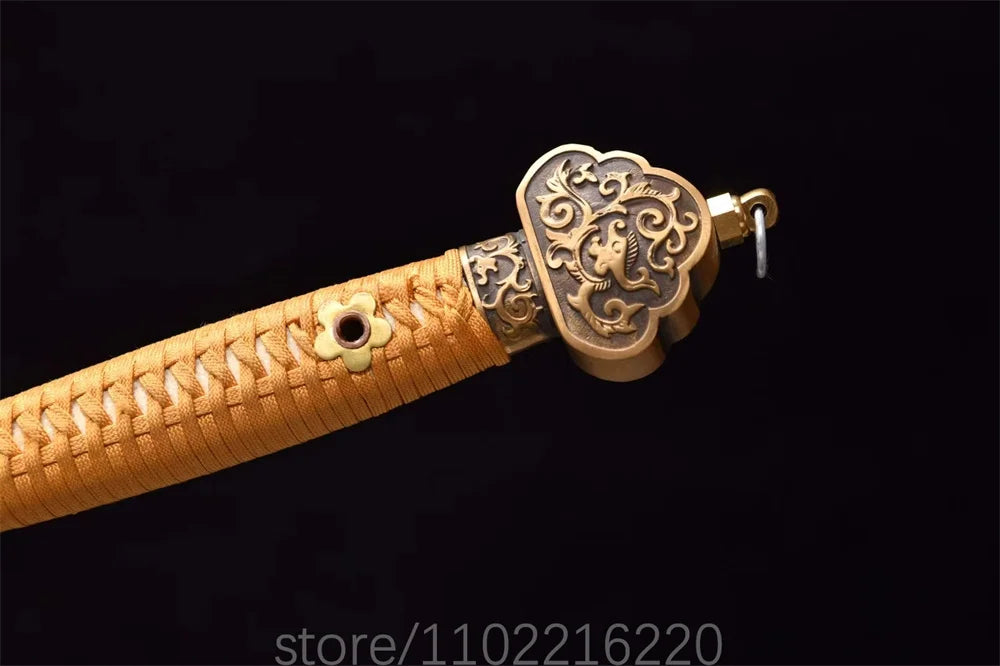 Real Kungfu Battle Sword Damascus Steel Blade Sword Chinese Qing Dynasty Jian Room Decoration Copper Parts Wrap Rayskin Sheath