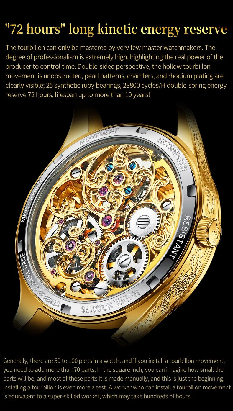 OUPINKE 3176 Gold Dragon Watch Tourbillon Automatic Watches for Man Fashion Skeleton Mechanical Mens Wristwatch Luxury Man Watch