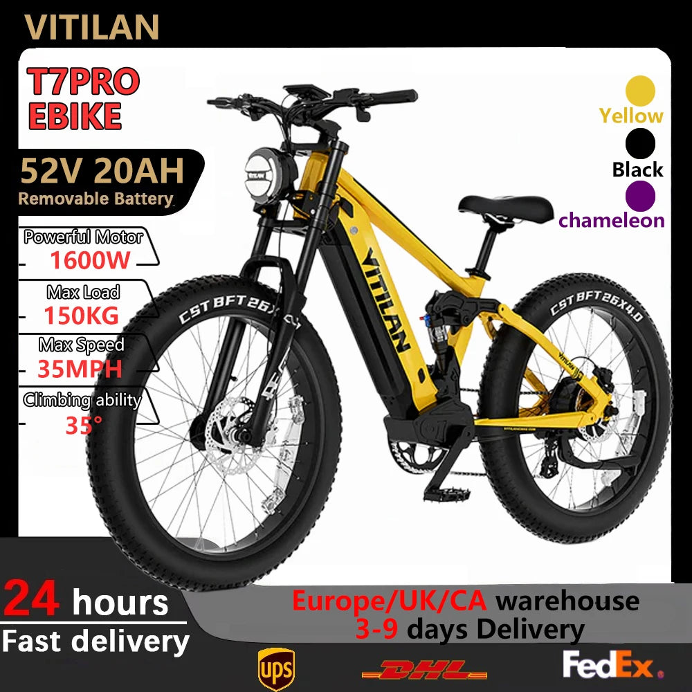 Vitilan T7PRO Full Suspension Mountain E-bike for Adults 1600W Peak Brushless Motor 35mph 52V20Ah E-Bike 90 Nm Electric Bike