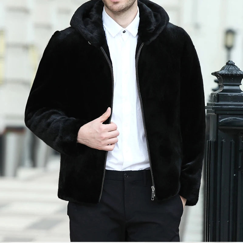 Real Men Mink Fur Coat With Hood Winter Warm Full Pelt Fur Classic Black Color Luxurious Thick Mens Coats 2023 Outwear Jacket