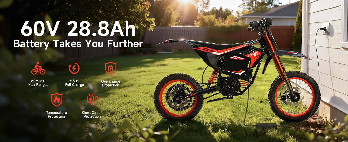 QRONGE X1 Spark Electric Dirt Bike for Teens Adults 4500W Peak Electric Motorcycle 60V 28.8Ah E-Dirt Bike 60 Mile Range E-Bike