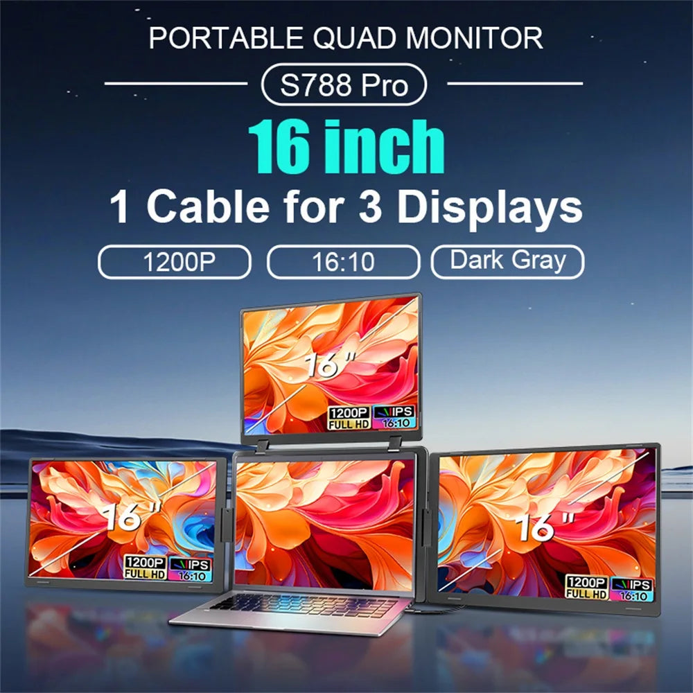 Triple Screen LCD Monitor for Laptop Portable FHD Display Secondary Notebook Monitor with Single Cable Sub Screen 14 inch