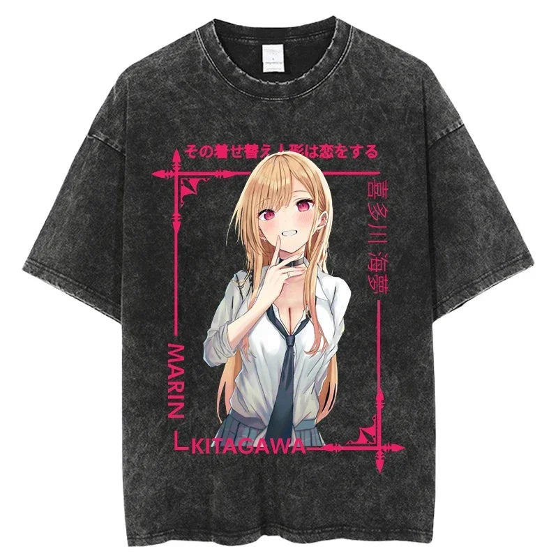 2025 My Dress Up Darling Harajuku T Shirt Men Hip Hop Vintage Washed Anime Oversized Streetwear 100% Cotton