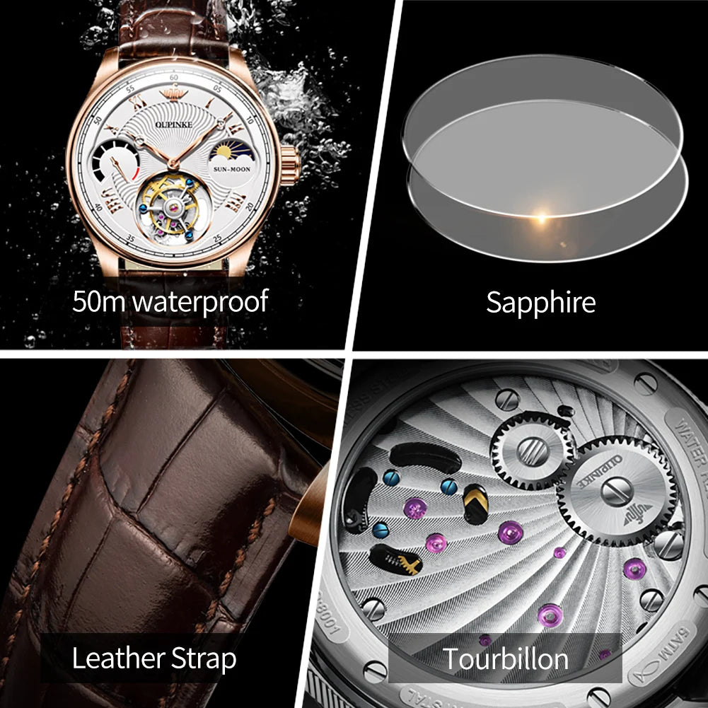 OUPINKE Men's Watch Top Luxury Fashion Original Tourbillon Mechanical Watch for Man Leather Strap Sapphire Mirror Moon Phase