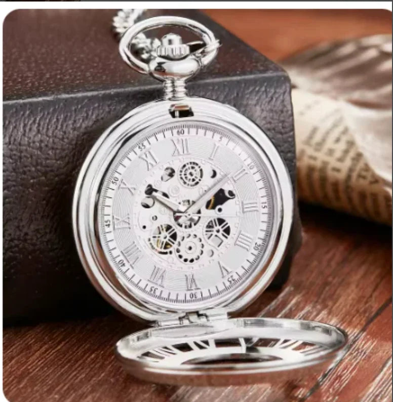 10pcs/lot Hollowed Silver Roman Numerals Case  Mechanical Pocket Watch with Chain  Pocket Watches Men Steampunk Gift Watches