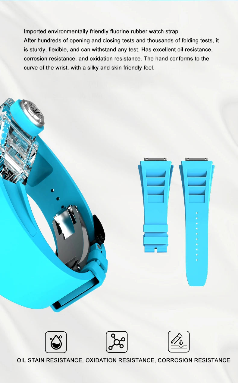 CRONUSART Men Automatic Watch 50mm Tonneau Mechanical Wristwatch Sapphire Case & Mirror Luminous Fluororubber Strap Skeleton