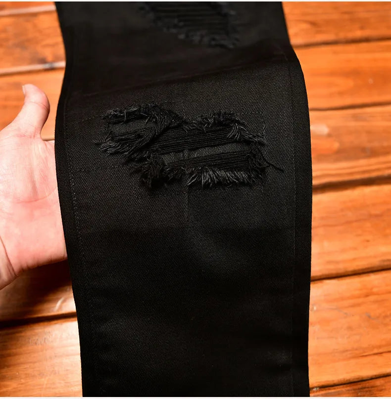 High end high street ripped patch design black jeans for men in autumn, slim fit American style trendy pants with small feet