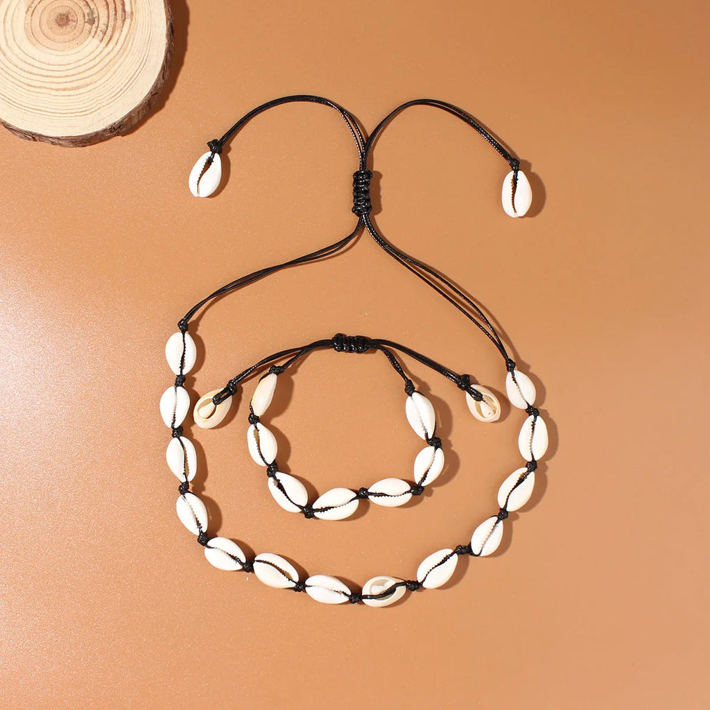Coastal Stackables Set Adjustable Shell Pendant Necklace Handwoven Rope Bracelet Boho Beach Vacation Jewelry Gift