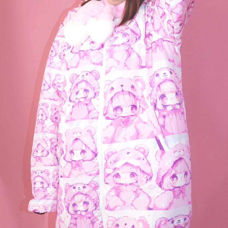 Original Design Cartoon Anime Print Stand Collar Women's Cotton Jacket Winter New Loose Down Coat Cute Thickened Coats Ladies