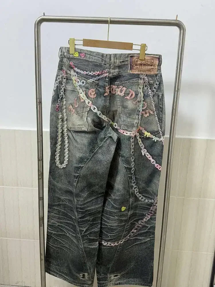 DEAT Fashion Women's 3D Chain Printed Contrast Color Jeans Niche Design High Waist Casual Denim Pants Female Trendy 11A04071