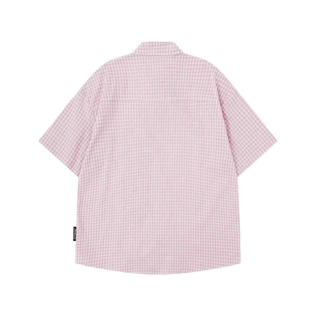 Retro Japanese Cartoon Dog Embroidery Plaid Double Collar Design Short Sleeve Cotton Shirt for Men And Women Couple Style Cas...