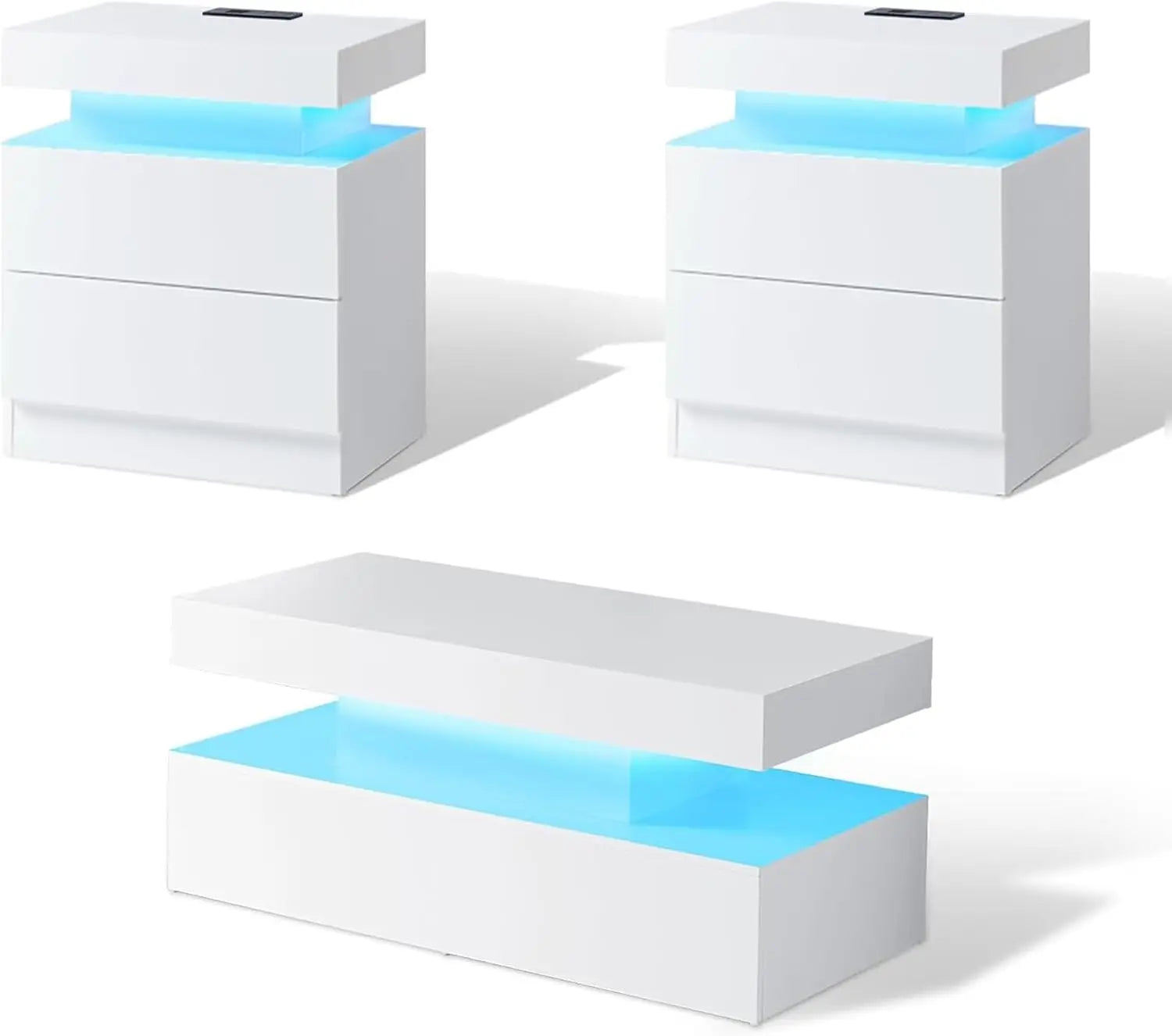 High Gloss 3 Pieces Living Room Table Set, Modern LED Coffee Table Sets of 3, 2-Tier Center Table with 2 End Side Tables, White
