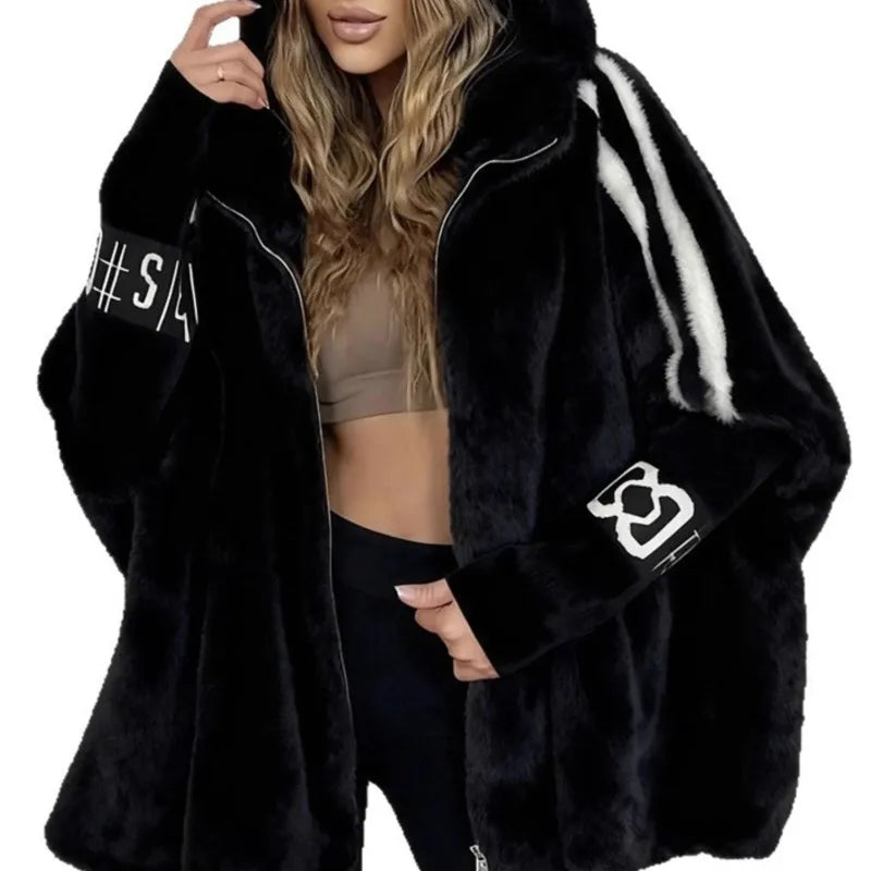 Casual Warm Plush Women's Coat Fashionable Zipper Cardigan With Baton Sleeves Loose Hooded Coat Autumn Winter New Commuting Wear