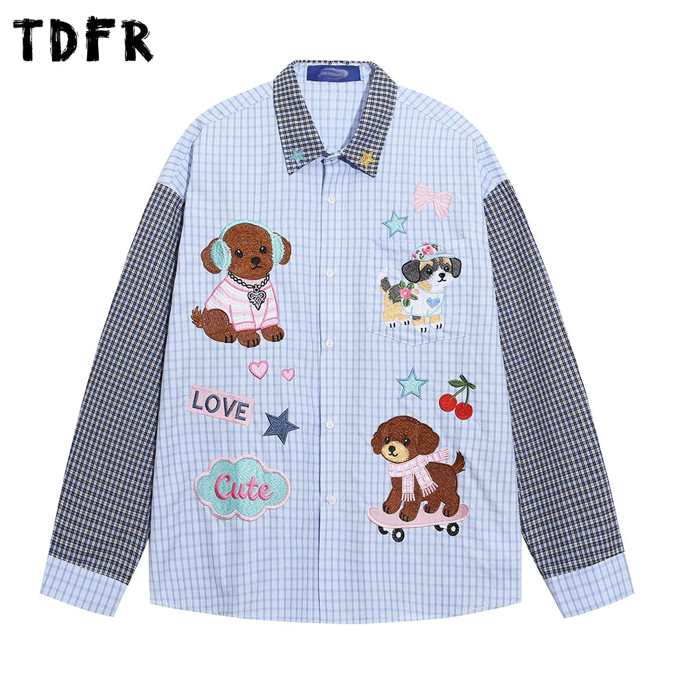 Plaid Patchwork Long Sleeve Shirts Mens Cartoon Embroidery Spring Retro Casual Loose Lapel Single Breasted Shirts Man