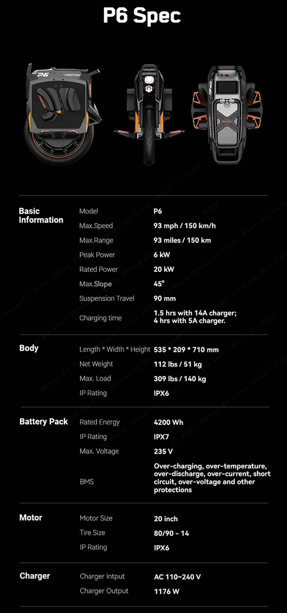 Newest Inmotion P6 Electric Unicycle 235.2V 4200Wh Battery 6000W Motor Power 20inch Official INMOTION P6 EUC