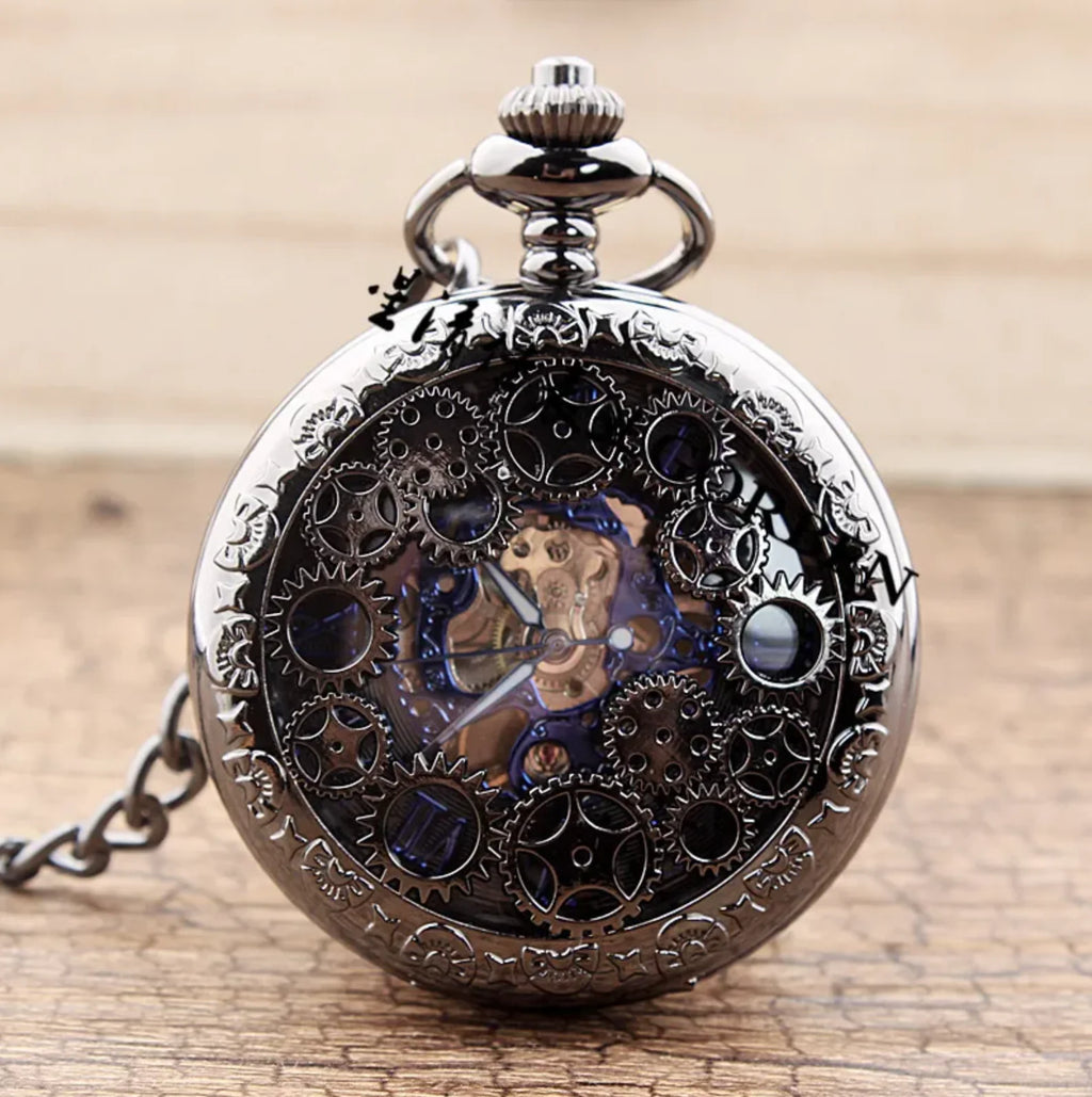 10pcs/lot Hollowed Black Gear Mechanical Pocket Watch with Chain  Pocket Watches Men Steampunk Gift Watches