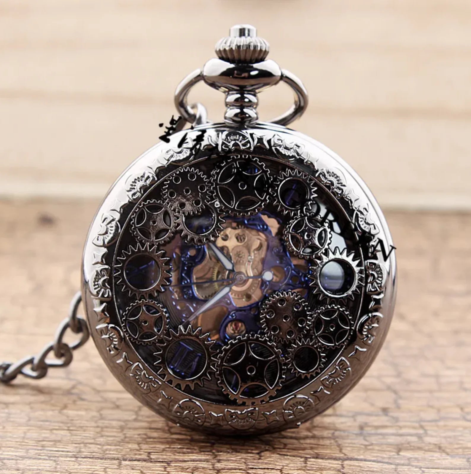 10pcs/lot Hollowed Black Gear Mechanical Pocket Watch with Chain  Pocket Watches Men Steampunk Gift Watches