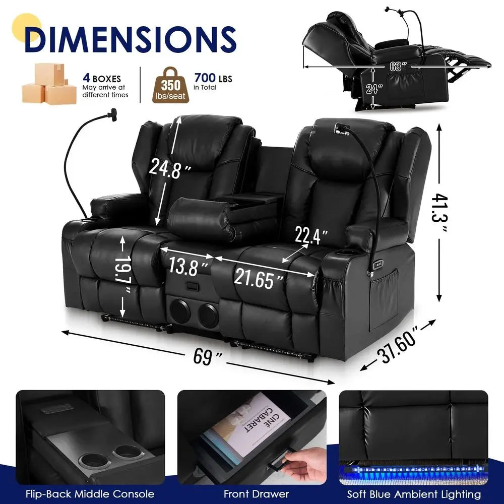 Power Loveseat Recliner Sofa with Console, PU Leather Dual Reclining Couch with Blue LED Lights, Bluetooth Speakers, USB Ports,