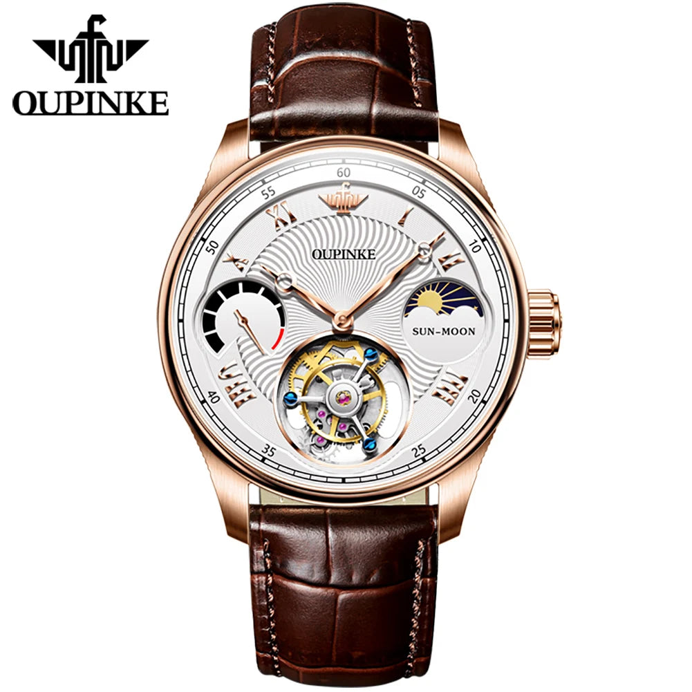 OUPINKE Men's Watch Top Luxury Fashion Original Tourbillon Mechanical Watch for Man Leather Strap Sapphire Mirror Moon Phase