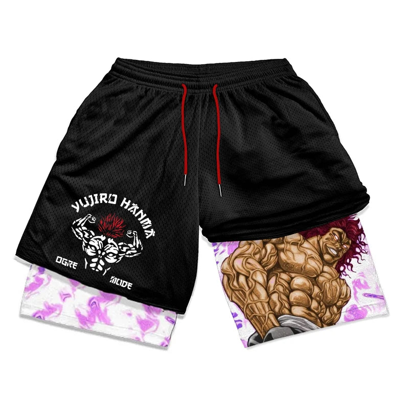 Anime Baki Hanma Gym Workout Shorts for Men Athletic Quick Dry 2 in 1 Compression Shorts Cosplay Costume