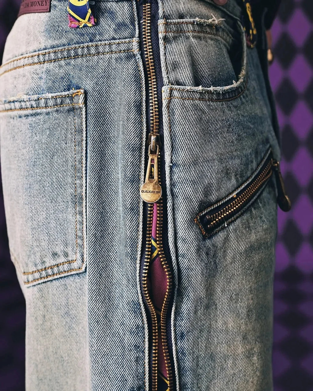 JoJo Anime Zip Off Panel Jeans Men Women High Waist Wide Leg Detachable Print Denim Pants Purple Gold Patchwork Straight Jeans