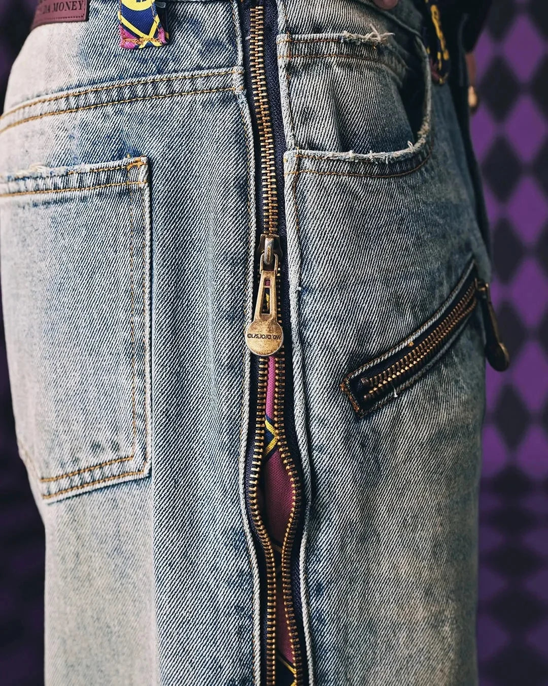 JoJo Anime Zip Off Panel Jeans Men Women High Waist Wide Leg Detachable Print Denim Pants Purple Gold Patchwork Straight Jeans