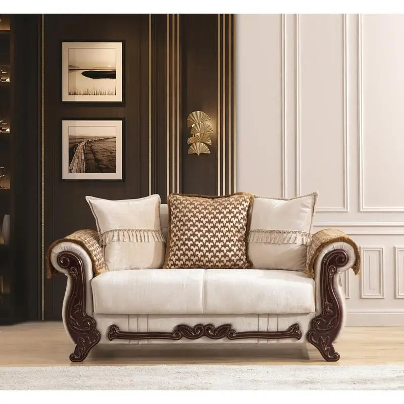 Beige Chenille Upholstered 2-Piece Living Room Set with Wood Frame