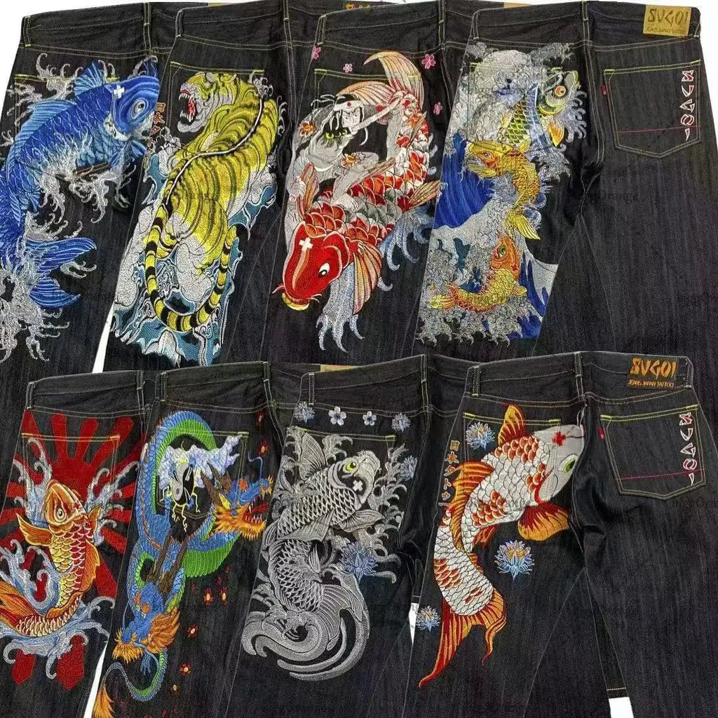 Japanese hip-hop Brocade carp printed jeans same style couple washed high waist retro casual loose ins straight wide leg pants
