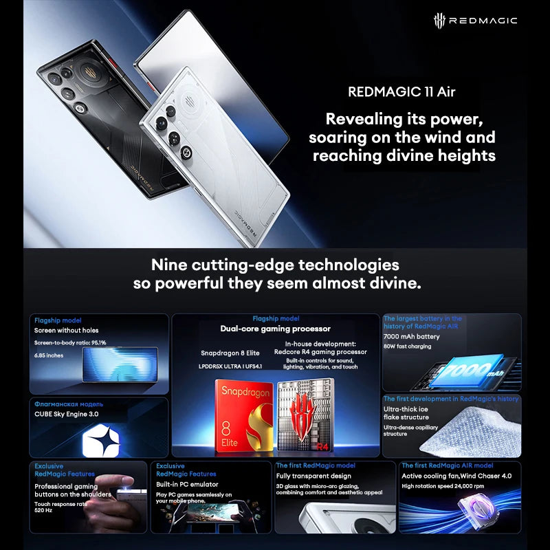 Global Version Redmagic 11 Air Snapdragon 8 Elite 6.85 1.5K Full Screen 2688*1216 144Hz 50MP Hurricane4.0 Active Cooling 7000mAh