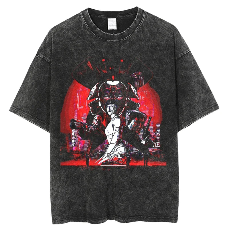 2024 Anime Ghost in the Shell Washed T-shirts Mens Clothing Graphic Manga Harajuku Tees Unisex Summer Top Male Streetwear