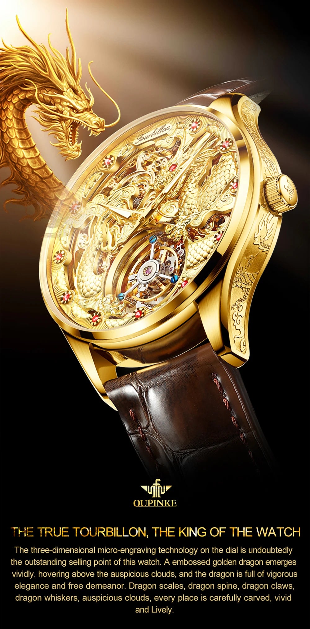 100% OUPNKE 3176 Authentic Tourbillon Men Watch Luxury 3D Relief Golden Dragon Watch Original Mature Automatic Mechanical Watch