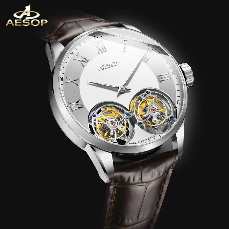 Aesop Men's Double Tourbillon Watch Hand Winding Movement Sapphire Business Fashion Male Mechanical Wristwatches Waterproof 2025