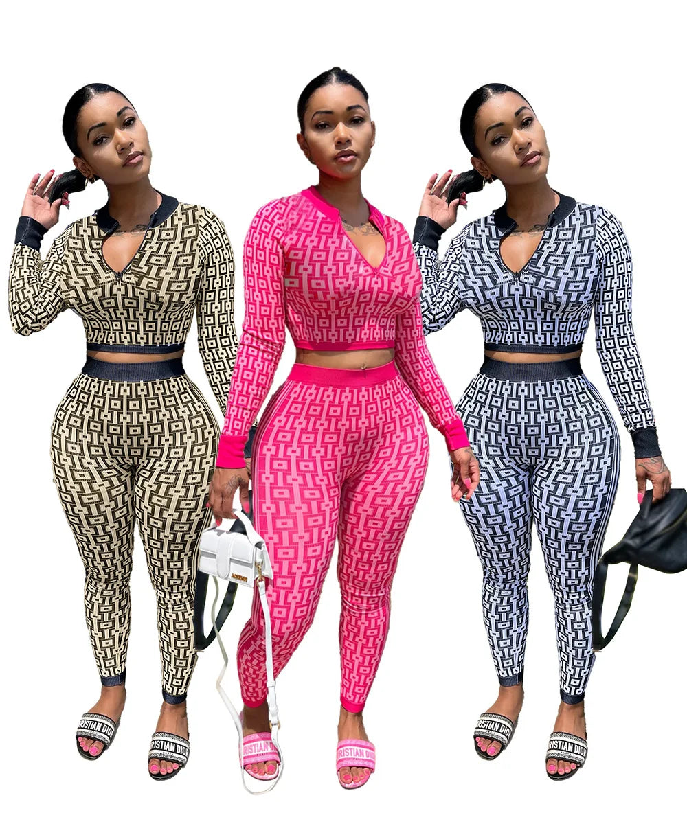 Autumn And Winter Women's Stretch Knitted Printed Women's Suit Long-sleeved Tight Sports Yoga Two-piece Set For Women