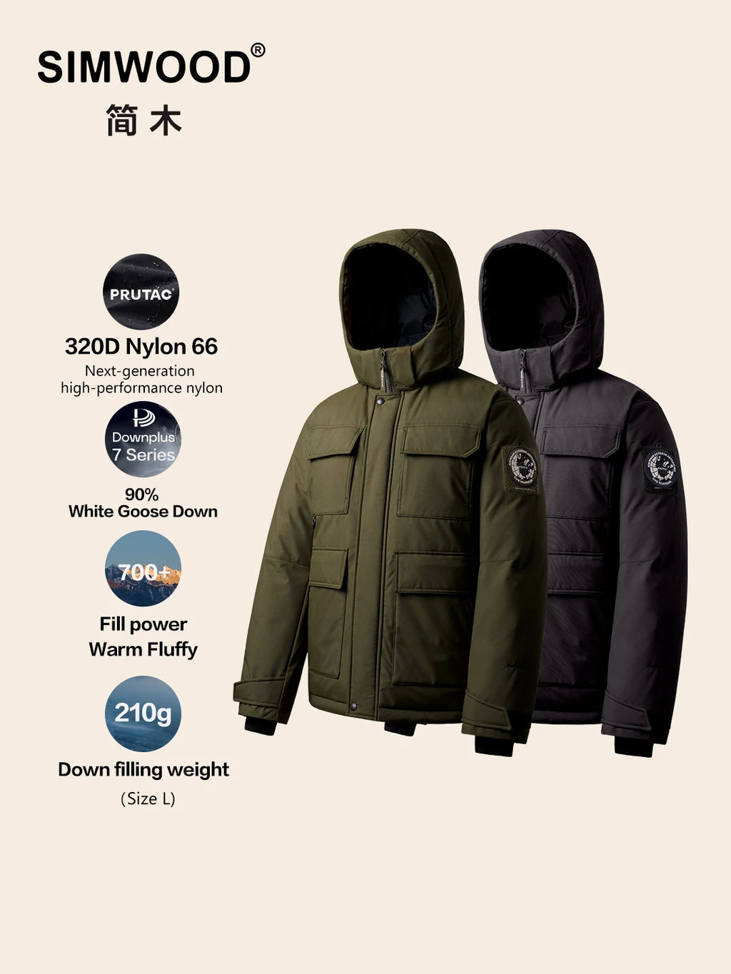 SIMWOOD 2026 Spring Winter New 90% White Goose Down Coats Men Warm Hooded Outdoor Water-repellent Quality Jackets