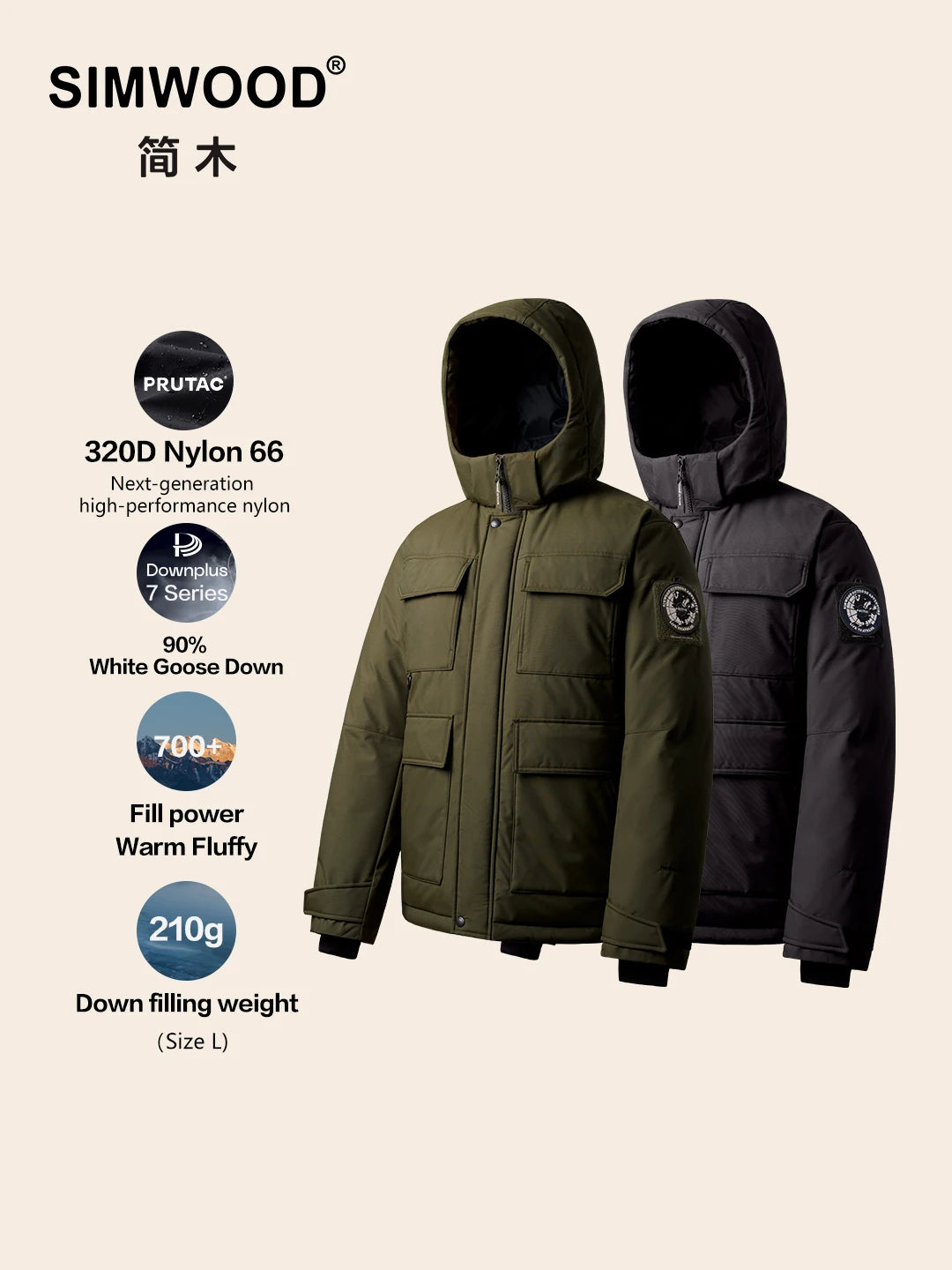 SIMWOOD 2026 Spring Winter New 90% White Goose Down Coats Men Warm Hooded Outdoor Water-repellent Quality Jackets
