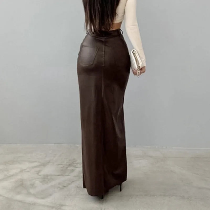 Women's Split Design Solid Color High Waist Pu Leather Skirt 2026 Spring Fall Office Lady Trendy Streetwear Long Skirts