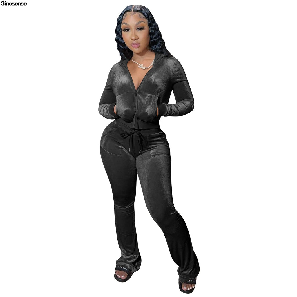 Women Autumn Two Piece Outfits 2 Piece Velour Tracksuit Velvet Sweatsuits Zip Up Hooded Jacket Bodycon Flared Pants Jogger Sets