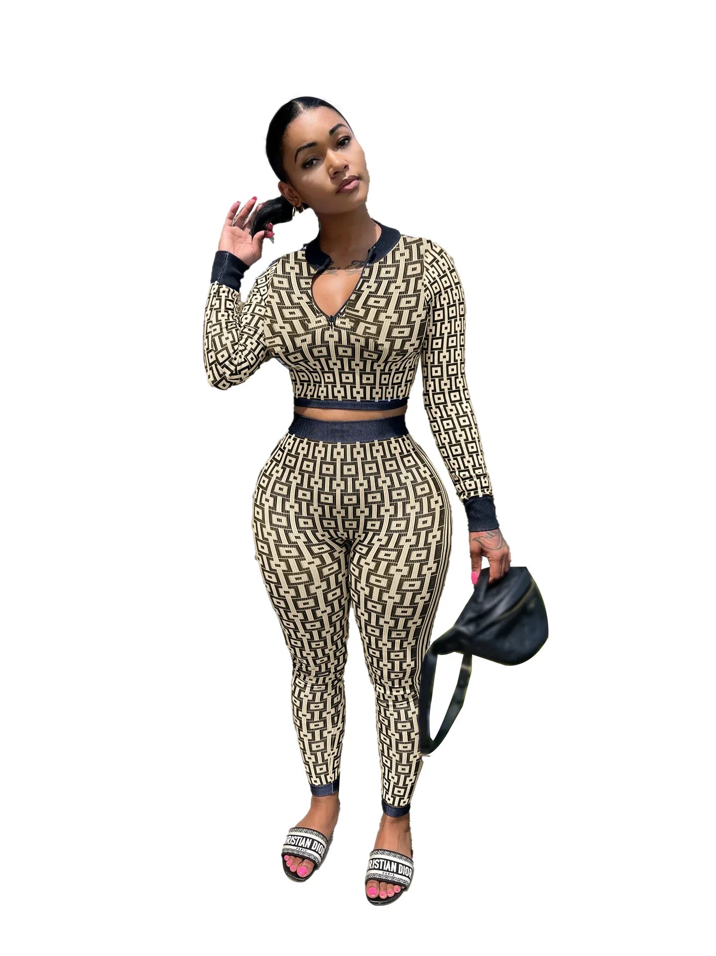 Autumn And Winter Women's Stretch Knitted Printed Women's Suit Long-sleeved Tight Sports Yoga Two-piece Set For Women