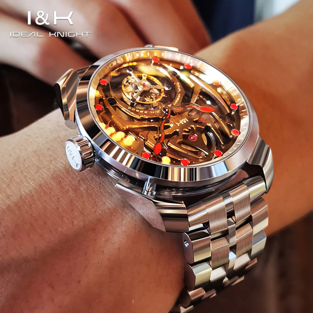 Ideal Knight Automatic Mechanical Watch for Men Hollow out Spider Design   Flywheel Movement Sapphire Mirror Men's Watches