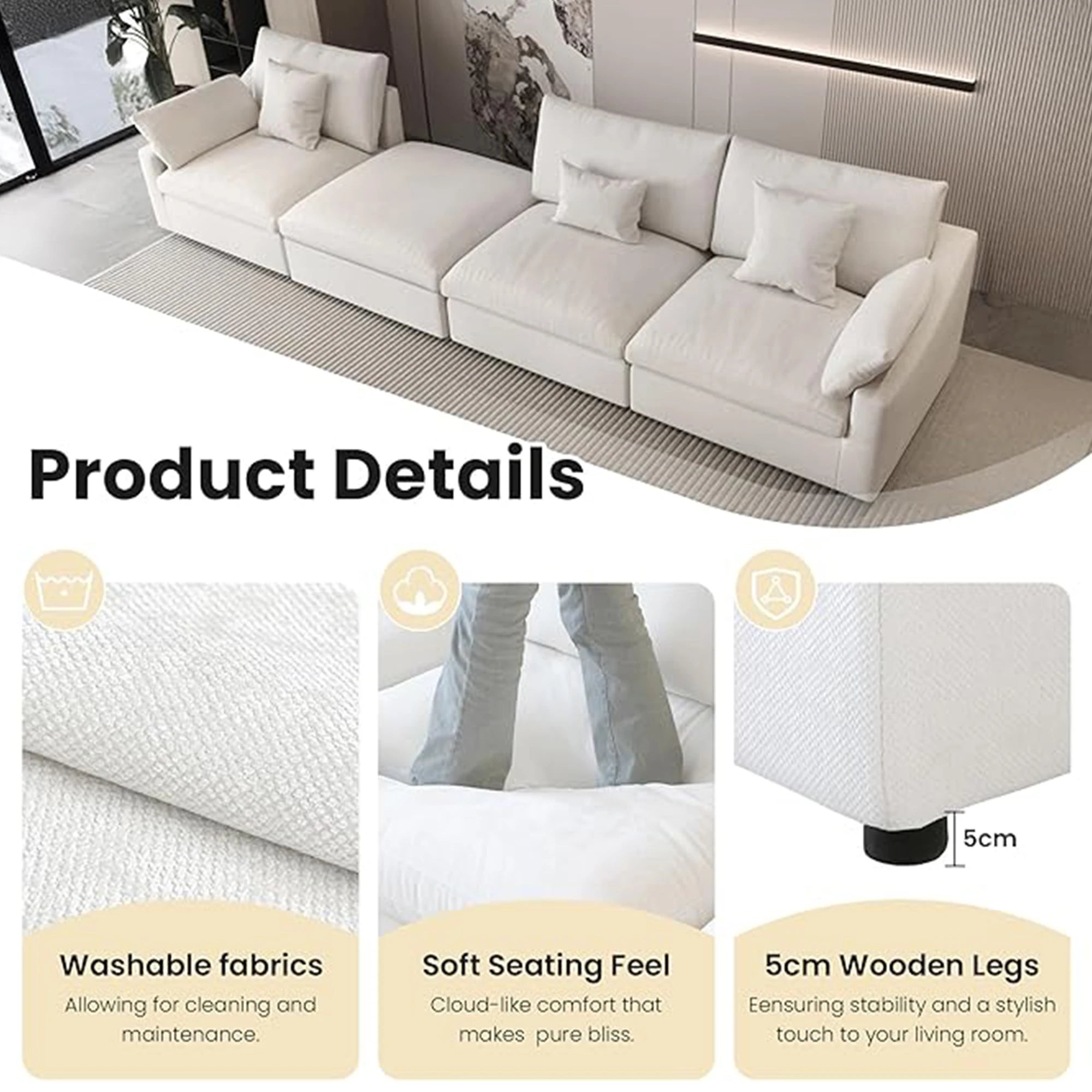 Comfy Cloud Couch 120''  Modern Sectional Sofa for Living Room Down Filled Couch with Ottoman U Shaped 5 Seater Convertible Sofa