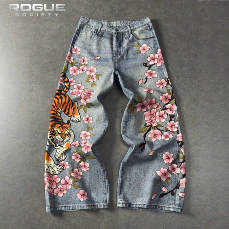 Japanese Tiger Sakura Men Jeans Summer Y2K Wide Leg Denim Pants Streetwear Hip Hop Retro Harajuku Loose Vintage Trousers Unisex