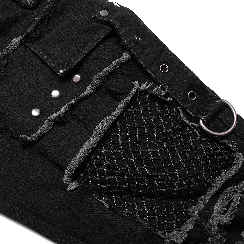 PUNK RAVE New Men's Punk Rock Broken Hole Net Black Long  Trousers Gothic Casual Male Motocycle Cotton Denim Pants Visual Kei