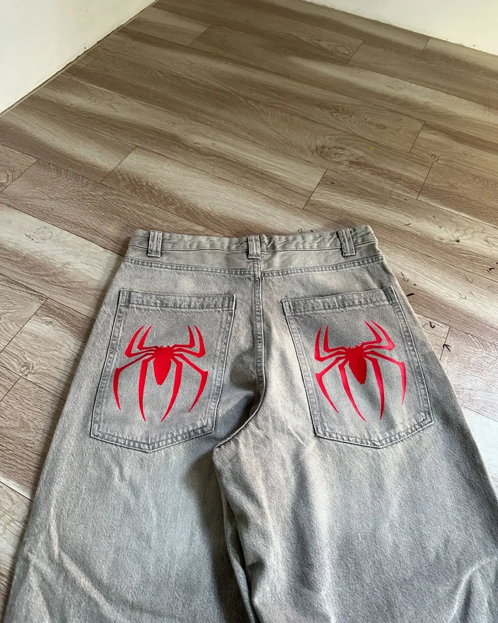 Harajuku Gothic Grey Girl Spider Print Baggy Jeans Jeans Vintage Streetwear Y2K Pants Mens High Waist Wide Leg Trousers