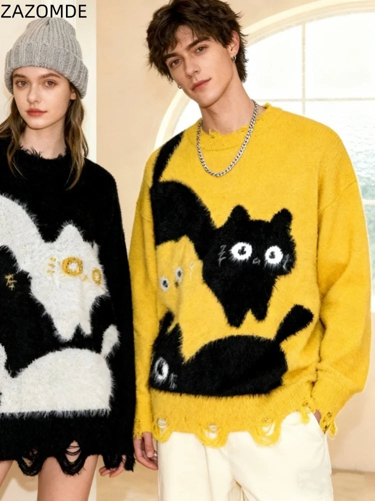 ZAZOMDE Vintage Hip Hop Yellow Sweater Cartoon Kitten Graphic Street Style Pullover Warm Retro Fashion Knit Top Men And Women