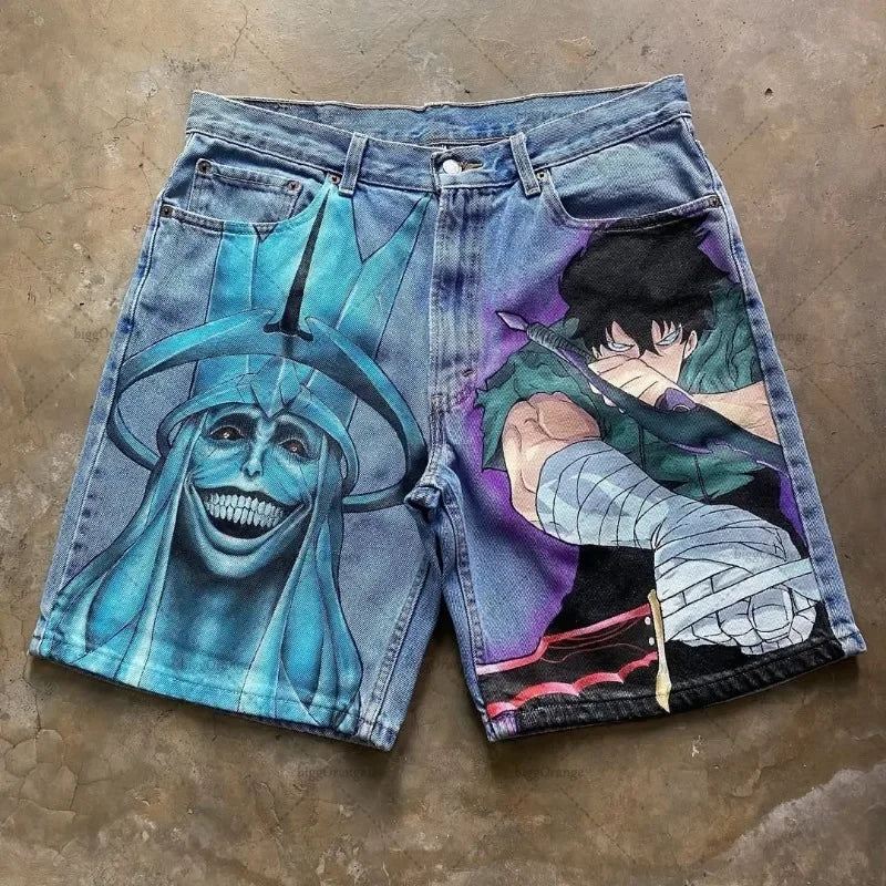 Retro American Trendy Streetwear Y2K Harajuku Anime Printed Denim Shorts Men Gothic Hip-hop Punk Loose Casual Straight Pants