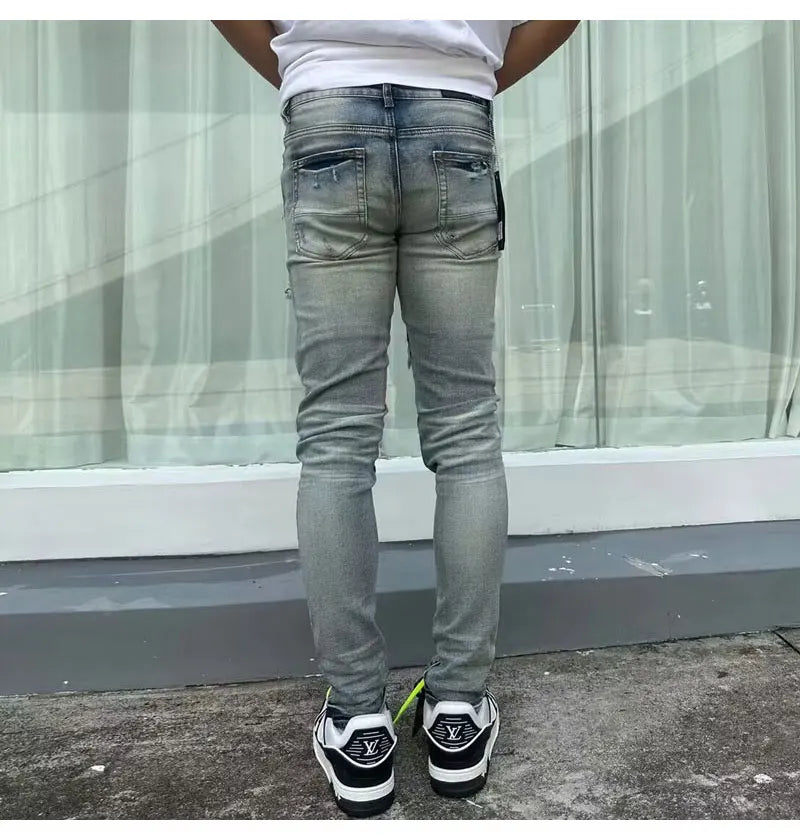 European and American designers fashion new men's jeans stretch slim fit retro light blue patchwork white patch jeans high stree